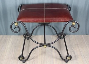 Wrought Iron, brass & leather Curule bench, Spanish Revival, Campaign style - Picture 1 of 13