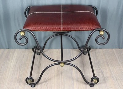 Wrought Iron, brass & leather Curule bench, Spanish Revival, Campaign style - Image 1 of 4