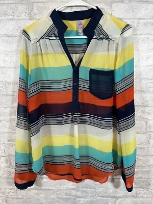 Alya Sheer Striped Multicolor Henley Buttoned Shirt - Size Large Flaw - Image 1 of 4
