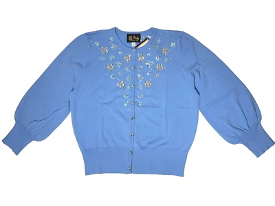NUEVO CON ETIQUETAS Bob Mackie Usable Arte Azul Joyas Botón Cárdigan Suéter Para Mujer’s Talla L Foto 1 de 4