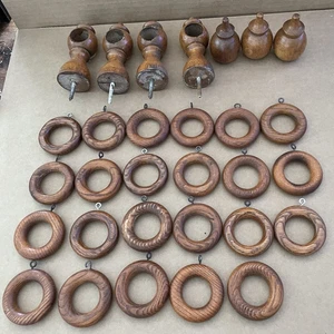Vintage OAK WOODEN Curtain Hangers 30pcs Rings Round Rod Holders - Picture 1 of 14