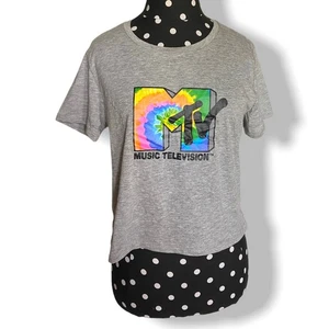T-shirt donna MTV taglia media grigia cropped tie dye logo camicia top NUOVA - Foto 1 di 3
