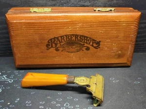 Vintage Schick Brass Injector Razor w/Carmel Bakelite Handle & Wooden Case - Picture 1 of 9