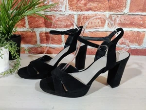 FOOTGLOVE M&S BLACK SANDALS UK 7 EU 40 SUEDE HIGH BLOCK HEEL ANKLE STRAP SHOES - Picture 1 of 5