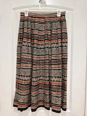 Falda Larga Midi Plisada 100% Seda De Colección Talla Completa 14 Boho Tribal Marrón Cintura Alta Foto 1 de 4