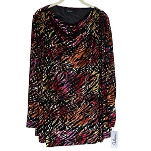 Calessa Womens Top 3X Multicolor Abstract Print Long Sleeve Stretch Cowl Neck - Picture 1 of 8