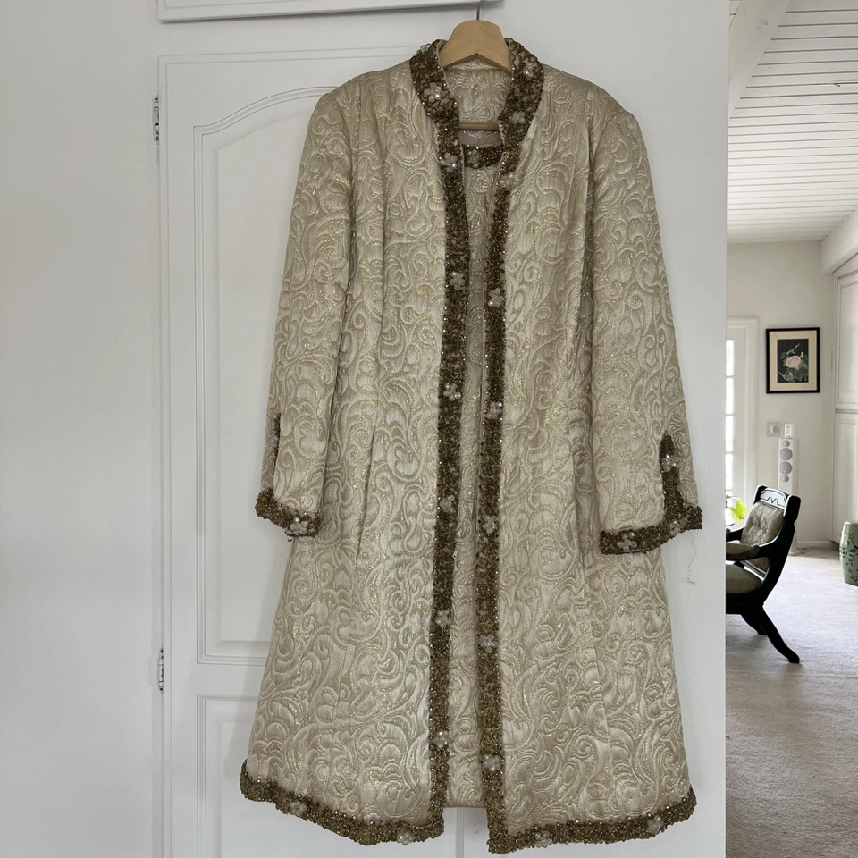 Vintage 60s Dress Coat Set Brocade Gold Beading An Original Barnett Gorgeous - Image 1 of 4