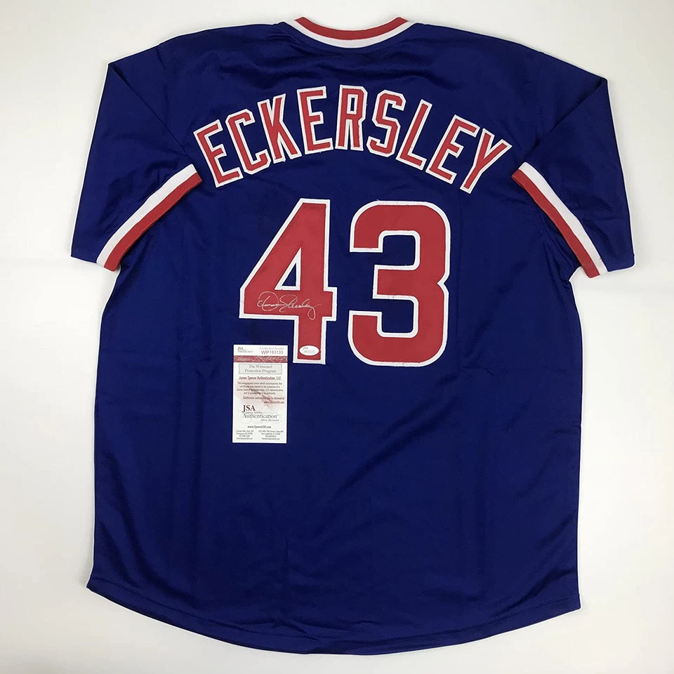 Camiseta de beisebol azul Chicago autografada/assinada DENNIS ECKERSLEY JSA CERTIFICADO DE AUTENTICIDADE autografada - Imagem 1 de 3