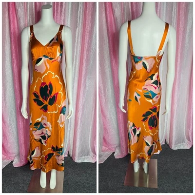 Vestido Reformation Marguerite 100% Seda Midi Electra Naranja Floral Talla Pequeña  Foto 1 de 4