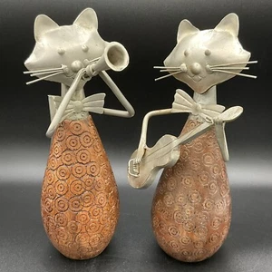 Cat Kitty Sculptures VINTAGE Wood Metal Music Acoustic Guitar Trumpet Figurine - Picture 1 of 12