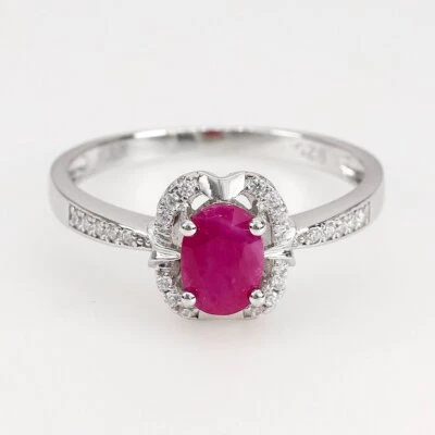 18k White Gold Plated Natural Ruby Oval 7x5mm & White Zircon Silver Ring - Image 1 of 4
