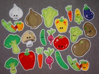 HANDMADE BY KNUDDELBUNT Gemüse Gurke Salat Paprika Kartoffel Möhre Zwiebel Aufnäher Applikation