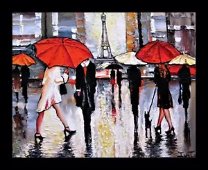 RAINY UMBRELLAS PALETTE KNIFE TEXTURE OIL PAINTING ART BY IVETA - Picture 1 of 9