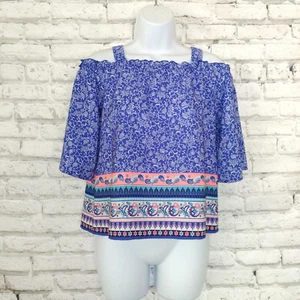 Rewind Top Womens Juniors Large Blue Floral Paisley Cold Shoulder Blouse Boho - Picture 1 of 10