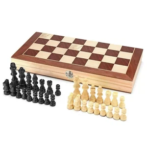 3-in-1 Chess Wooden Set Fold Chessboard/Backgammon/Draughts·Wood Board Game UK - Picture 1 of 18