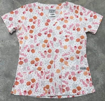 Blusa Médica Temática Playa Para Mujer UA Seashell Seahorses Cuello en V Bolsillos Talla S Foto 1 de 4