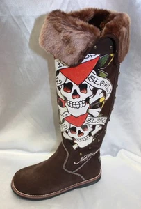 Ed Hardy Love Kills Slowly braune 14"-Damenstiefel mit Fell  - Bild 1 von 4