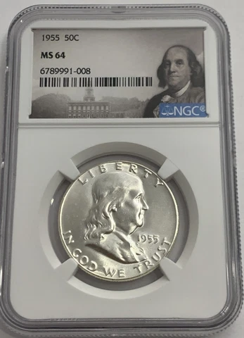 1955 P NGC MS64 FRANKLIN HALF DOLLAR WHITE COINS 50 c 90% SILVER PORTRAIT LABEL Cover