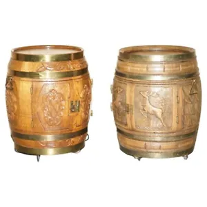 PAIR OF ANTIQUE CARVED SIDE TABLE SIZED BARRELS MADE INTO BARS / DRINKS HOLDERS - Picture 1 of 23