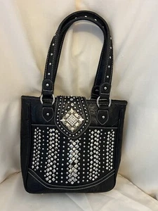 Montana West Tooled Leather Concealed Carry Handbag Purse Black With Studs - Picture 1 of 12