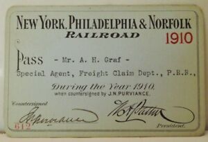 VINTAGE 1910 NEW YORK PHILADEPHIA & NORFOLK RR PASS 114 YEAR OLD SURVIVOR!