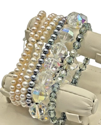 6 Synthetic Pearl / Crystal Pink White Silver Clear Stacking Stretchy Bracelets - Image 1 of 2