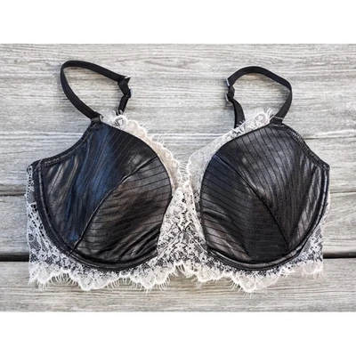 Sujetador de cuero sintético forrado muy sexy de Victorias Secret 34D negro encaje blanco Foto 1 de 4