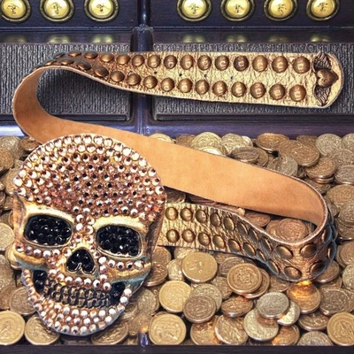 Bridget Shuster 2004 Skull Belt Gold Studded Leather Rhinestone w/ Skull Buckle - Image 1 of 4