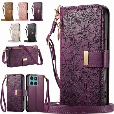 Capa carteira feminina floral couro ecológico com zíper alça para Motorola Edge (2025)/(2024) - Imagem 1 de 4