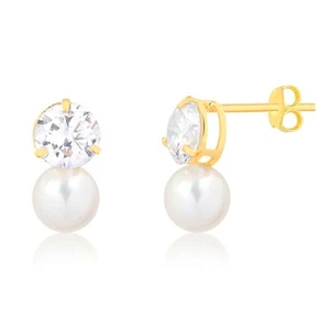 18K Solid Gold Pearl and CZ Stud Earrings Classic White Pearl with Sparkling - Picture 1 of 8