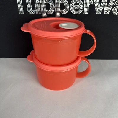 Tupperware Crystalwave Plus Soup Mug microwavable 2 cup / 500ml Set coral orange - Image 1 of 2