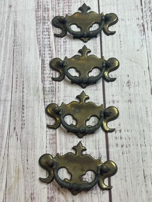 Set Of 4 Fleur de Lis 4.5” X 3” Drawer Handle Antique Hardware Rustic Brass Tone - Image 1 of 4