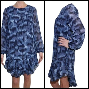 BCBG Maxazria Flowy Longsleeve Dress Blue Ruffle Hem Sz M 8 10 Feminine - Picture 1 of 10