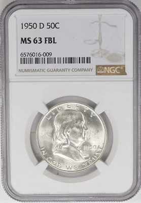 1950 D 50C Franklin Half Dollar ~ NGC MS 63 FBL ~ Bright White Luster - Image 1 of 4