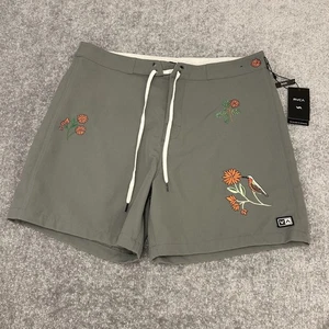 RVCA Shorts Mens 38 Green Floral Embroidered Anytime Trunk Board Swim NEW - Picture 1 of 10