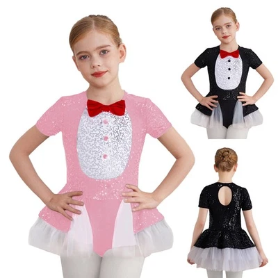 Girls Penguin Costume Round Neck Short Sleeve Dress Bow Tie Decoration Skirt - Image 1 of 3