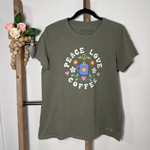 Life is Good Damen Peace Love Kaffee Grafik T-Shirt olivgrün Größe Large - Bild 1 von 8