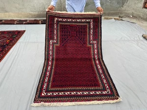 3x5 Afghan Baluchi Rug Hand-Knotted Wool Rich Red & Green Geometric Area Rug - Picture 1 of 9