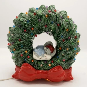 Vintage Ceramic Christmas Wreath w Sleeping Mouse Light-Up BREAK In Red Bow Base - Picture 1 of 24