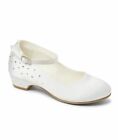 Girls Communion Shoes Wedding Satin White Mary Jane Low Heel Ankle Strap Uk