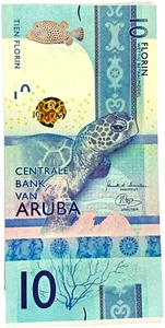 2019 Aruba 10 Florin Uncirculated Banknote P-21 Blue Color with Green Sea Turtle - Picture 1 of 2