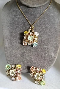 Vintage Enamel and AB Rhinestones Floral Necklace and Clip Earrings - Picture 1 of 4