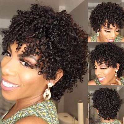 100% Human Hair Wigs Short Black Pixie Cut Afro Kinky Curly Wigs with Bangs  - Image 1 of 2