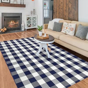 Buffalo Plaid Rug 5x8 Feet Buffalo Check Rug Cotton Navy and white Checkered ... - Picture 1 of 8