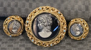 Vintage ART Victorian Revival Hematite Intaglio Cameo Brooch & Earrings Set - Picture 1 of 17