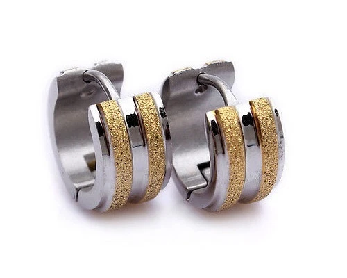 316L Stainless Steel Two Tone Gold and Silver Frosted Hoop Earrings 6mm - Image 1 of 1