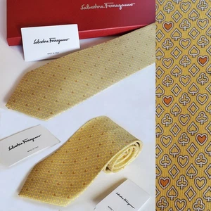 SALVATORE FERRAGAMO TIE YELLOW SILK PLAYING CARDS LOCKER NEW AUTH w BOX 3" WIDTH - Picture 1 of 13