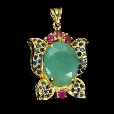 925 Sterling Silber Anhänger Oval Smaragd 14x11mm Rubin Saphir Edelstein Schmuck - Bild 1 von 4