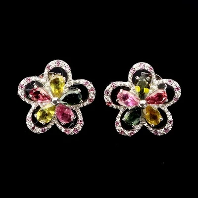 925 Sterling Silver Earrings Pear Tourmaline Rhodolite Garnet Gemstone Jewelry - Image 1 of 4