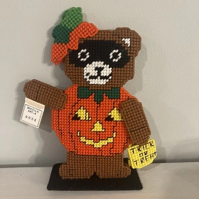 Completed Handmade Plastic Canvas Halloween Pumpkin Bear Decor Bucilla - Image 1 of 4